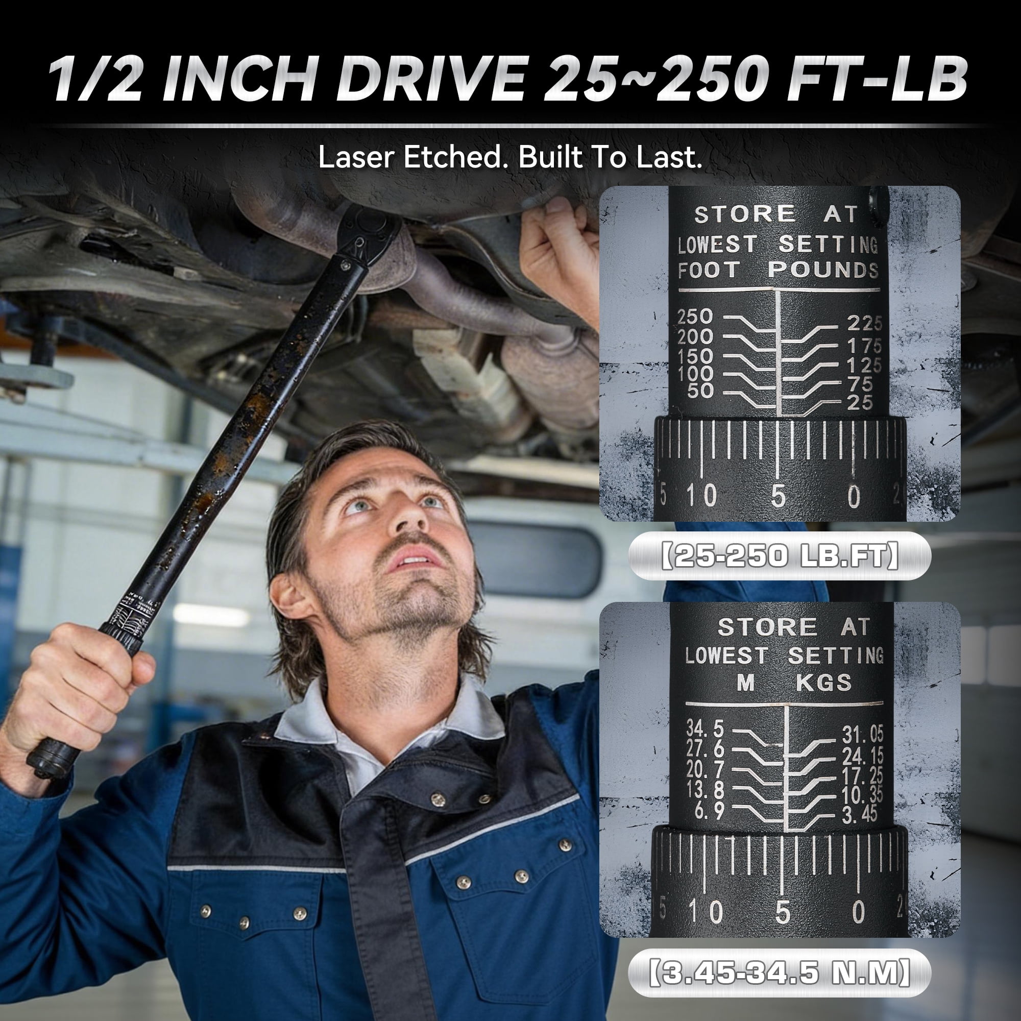 Heavy Duty 1/2-inch Drive Click Torque Wrench 25-250 ft.lb/33.9-338.9 Nm, Dual Range Scales, Includes Adapters and Extension Rod