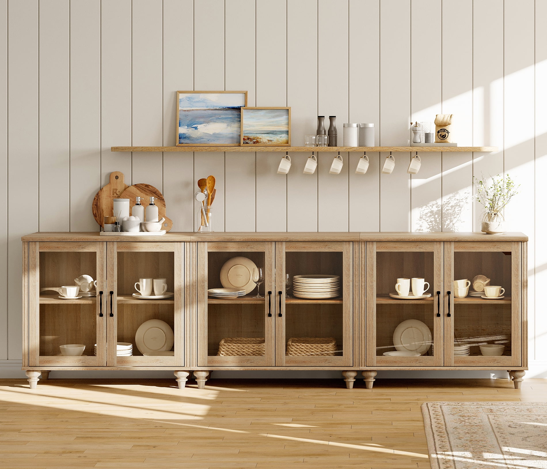 100" TV Stand with Glass Door, Wood TV Cabinet Entertainment Center for 75/80/85/90 Inch TV, 3-in-1 Kitchen Buffet Cabinet with Large Storage Cabinets for Dining Room & Living Room & Bedroom, Oak