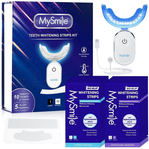 MySmile Hydroxyapatite Anti-Sensitivity Teeth Whitening Strips with 28-LED Blue Light, Enamel-Safe Teeth Whitening Kit, Tooth Whitener, 28pcs Residue-Free White Strips, 14 Treatments