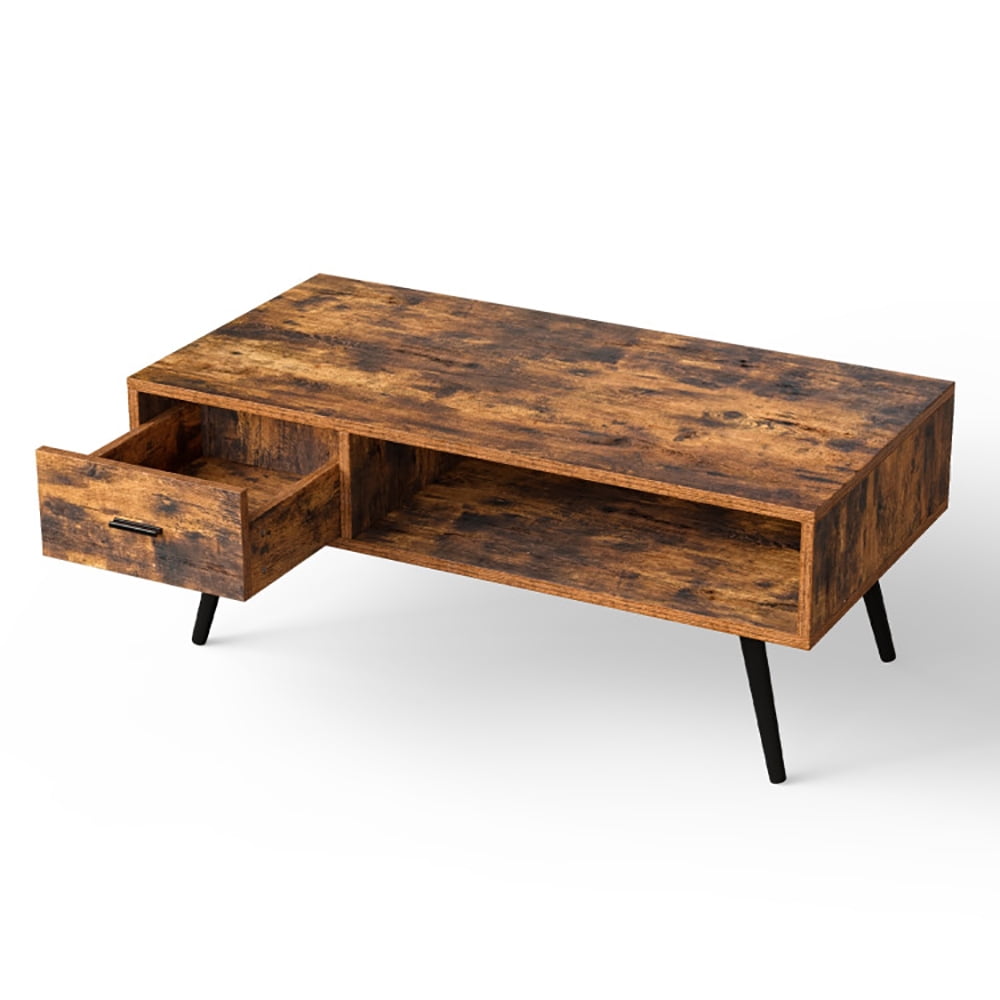 Finihen Rectangular Coffee Table, Retro Rectangular Coffee Table with Drawer and Storage Shelf, for Living Room, Reception Room, Office, Rustic Brown Finihen Rectangular Coffee Table, Retro Rectangular Coffee Table with Drawer and Storage Shelf, for Living Room, Reception Room, Office, Rustic Brown