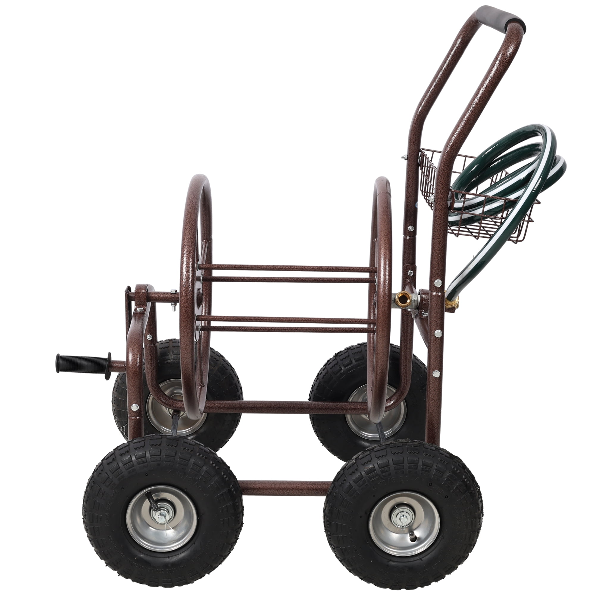 Garden Hose Reel Cart, Heavy-Duty 4-Wheel Hose Cart Holds 250ft 5/8" Hose with Storage Basket, Rust-Resistant Steel Frame for Yard, Lawn