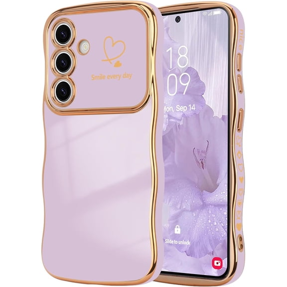 MYKOMI for Samsung Galaxy S23 FE Case for Women Girls, Cute Wave Frame Curly Shape with Love Heart Raised Camera Protection Cover Luxury Plating Shockproof Phone Case for Galaxy S23 FE