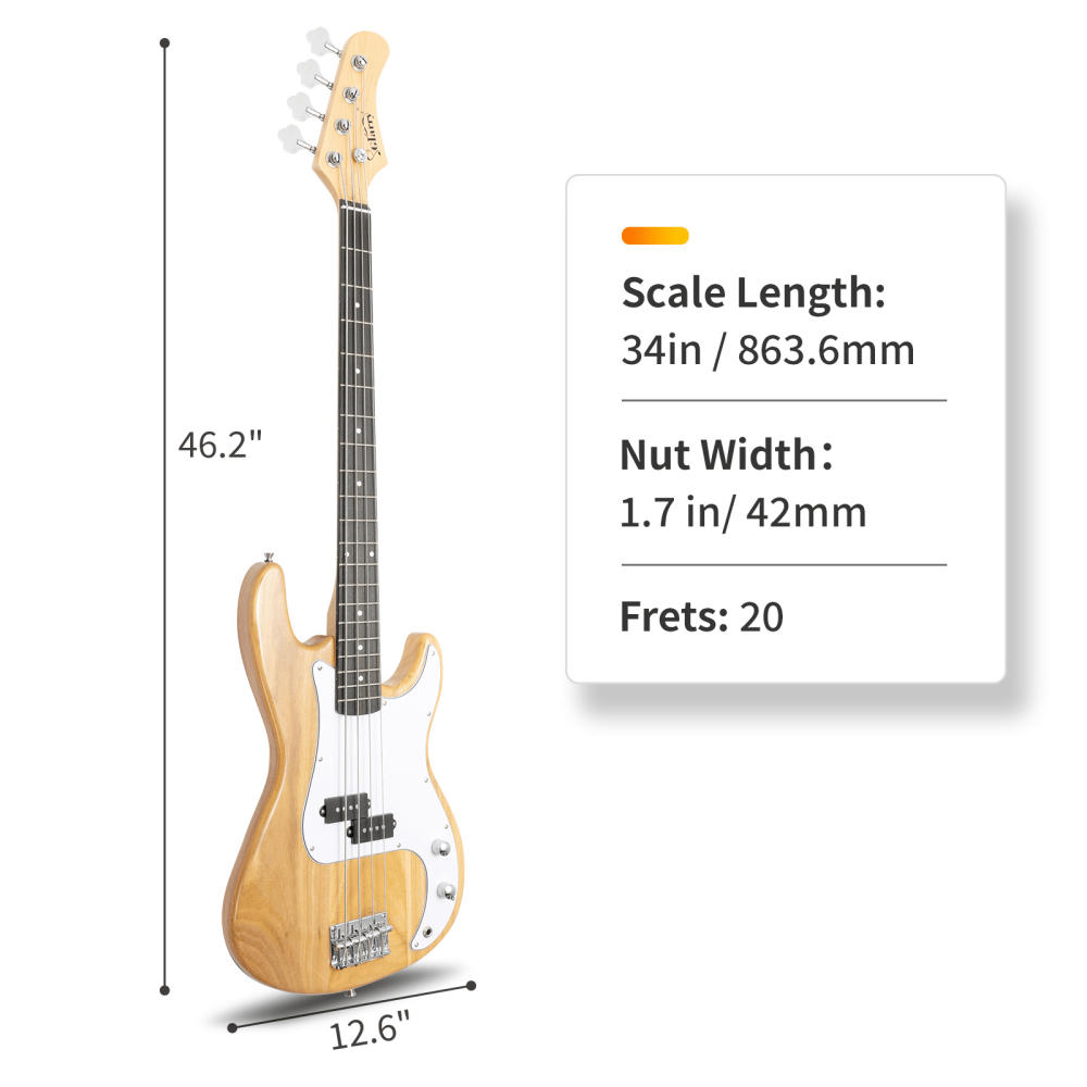 Tcbosik Electric Bass Guitar with 20W Amp, 4 String Exquisite Stylish Bass with Bag, Strap, Amp Wire and Spanner Tool for Beginner, Burlywood