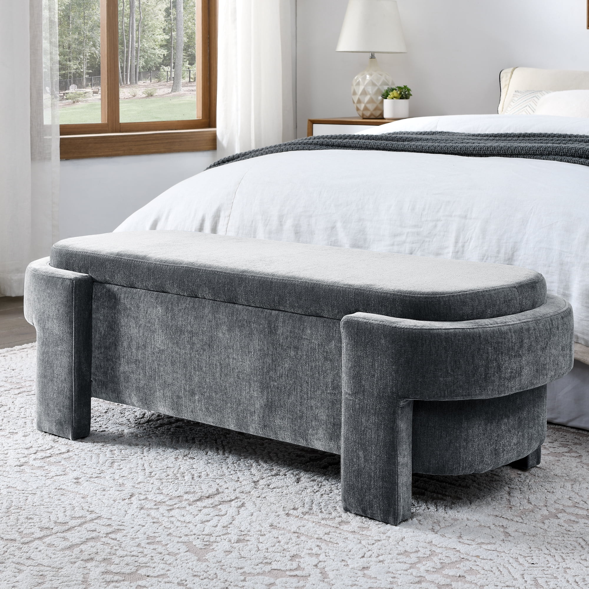 BSHTI Linen Fabric Upholstered Bench with Large Storage Space for the Living Room, Entryway and Bedroom,Dark Gray