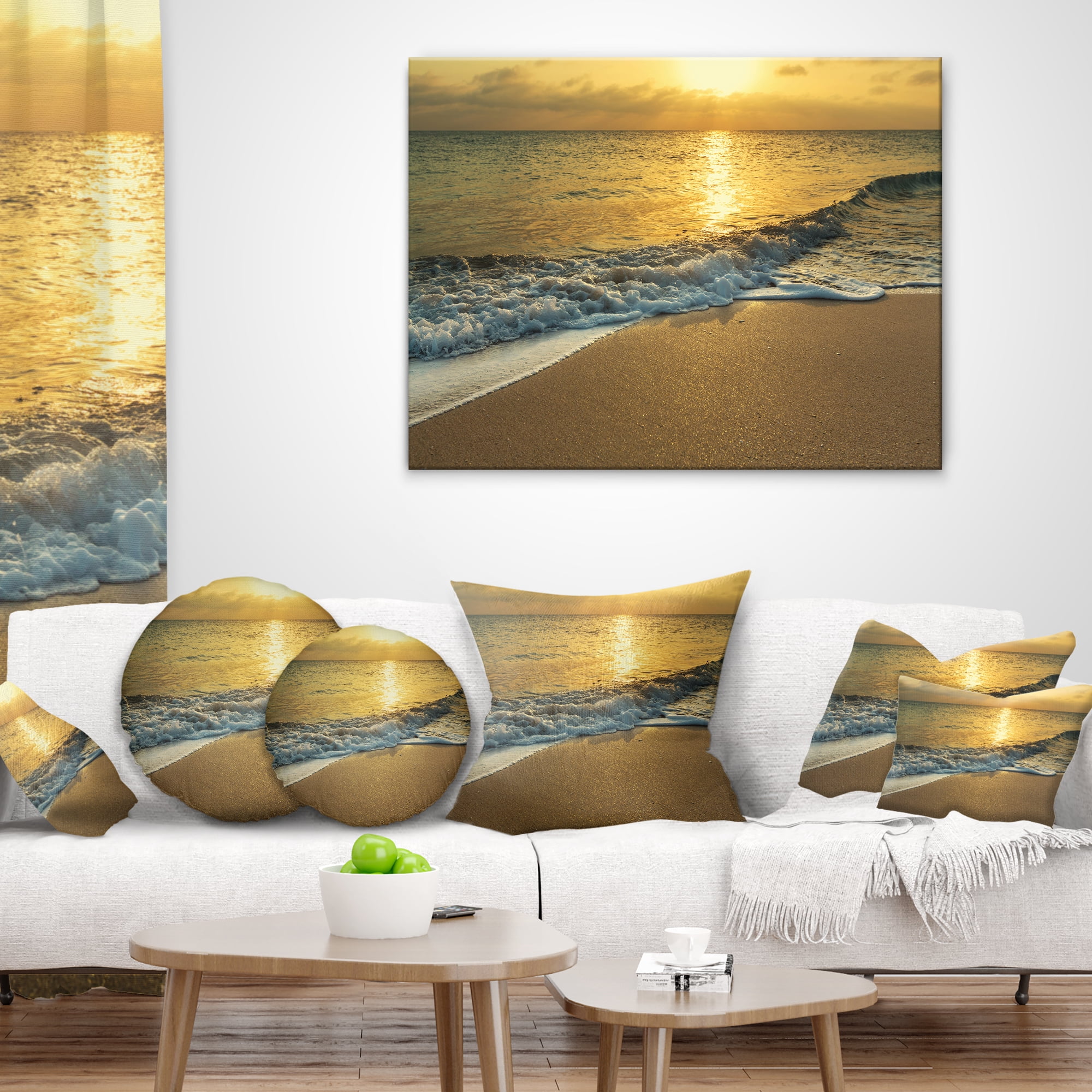 Designart White Waves under Yellow Sunset - Modern Beach Throw Pillow - 16x16