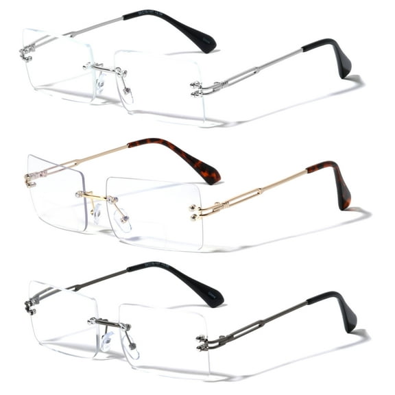 3 Pairs Men Modern Rectangular Full Rimless Reading Glasses - Classy Fashion Clear Lens Reader