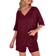 thumbnail image 5 of Women's 2 Piece Summer Outfit Set, Casual Oversized V Neck T-Shirt & High Waisted Biker Shorts, Lounge Wear Shorts Set, Workout Yoga Clothes Wine S, 5 of 8