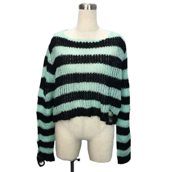 Women Striped Ripped Long Sleeve Sweater Punk O-Neck Broken Short Knitwear Tops