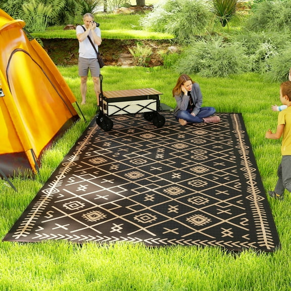 Outsunny Outdoor Patio Rug, Large Camping Carpet with Carrying Bag, 9' x 18' Waterproof Plastic Straw, Reversible, Black & Brown Rhombus