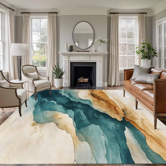 5'x8' Area Rugs, Teal Brown Indoor Outdoor Area Rug for Living Room Bedroom, Retro Modern Abstract Art Washable Bathroom Rugs Kitchen Floor Carpet Mats Home Decor Aesthetic