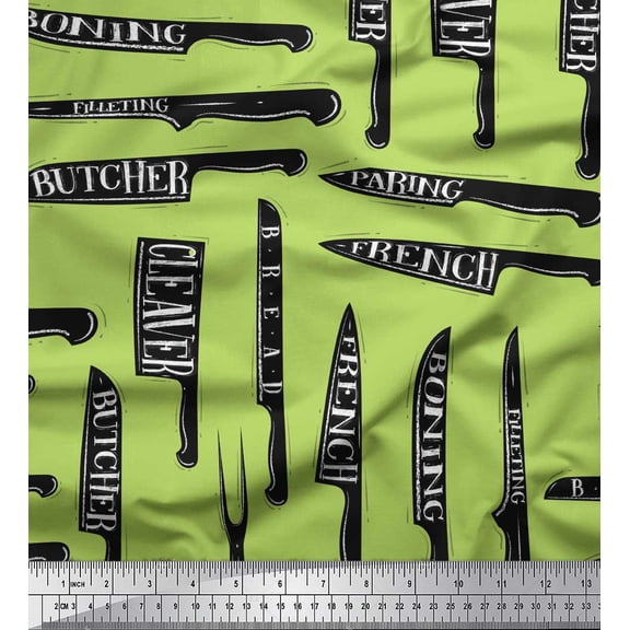 Soimoi Green Cotton Voile Fabric Text & Knife Kitchen Decor Fabric Printed Yard 42 Inch Wide