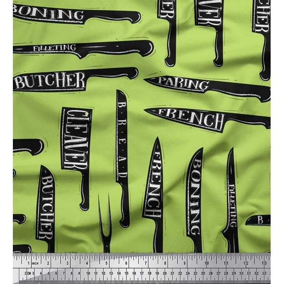 Soimoi Green polyester Crepe Fabric Text & Knife Kitchen Printed Fabric 1 Yard 42 Inch Wide