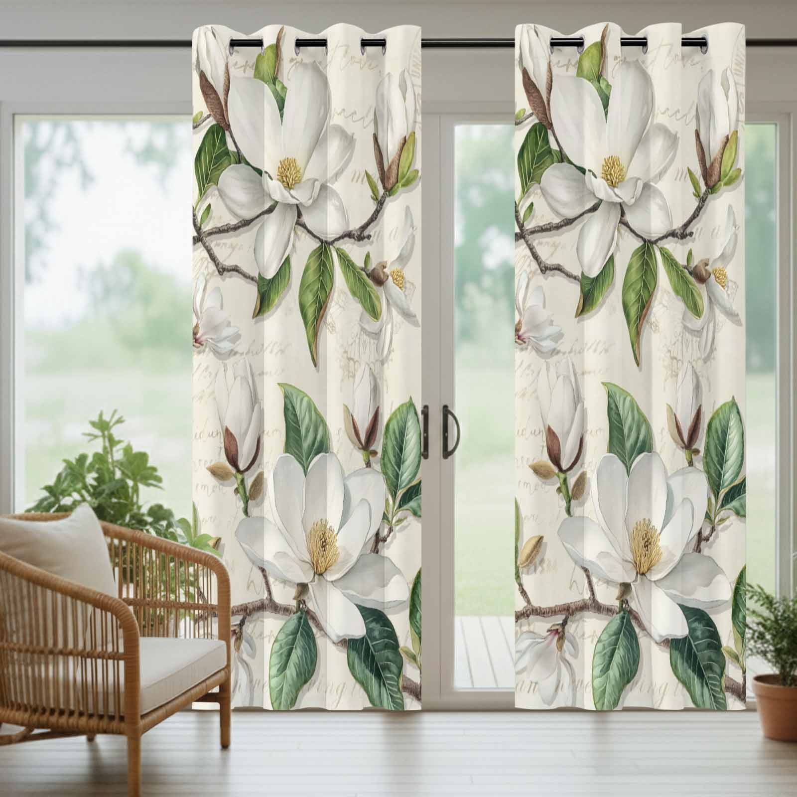 Outdoor Curtains for Patio Waterproof, Retro Flowers Windproof Pravicy Outside Porch Blackout Curtain, Farmhouse Leaf Branch Green Plants Sun Blocking Grommets Curtains for Cabana Gazebo 54"x108"