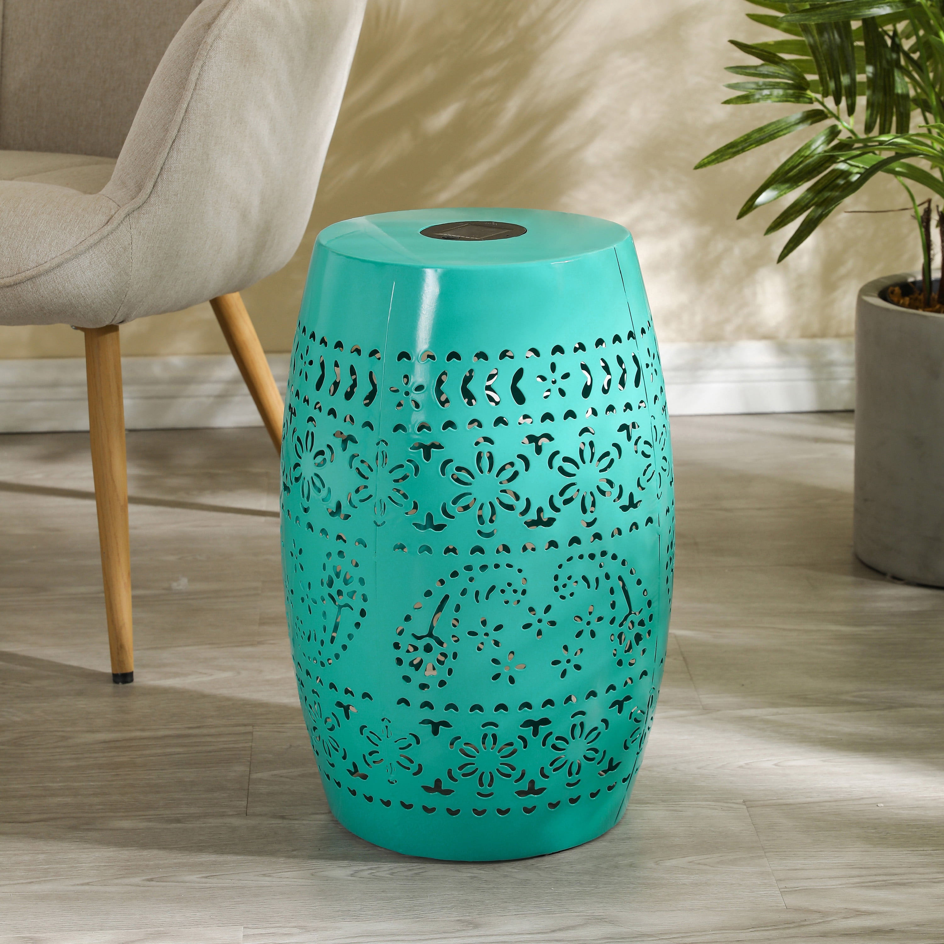 Solar Side Table, Outdoor Side Table with Built-In Solar Battery for Patio Garden Backyard, Teal