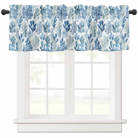 Blue Botanical Valances for Windows Farmhouse Kitchen Curtains Valances Rod Pocket Valance Curtains for Kitchen Windows Spring Summer Watercolor Leaf Window Valances for Bathroom Bedroom 54"x18"