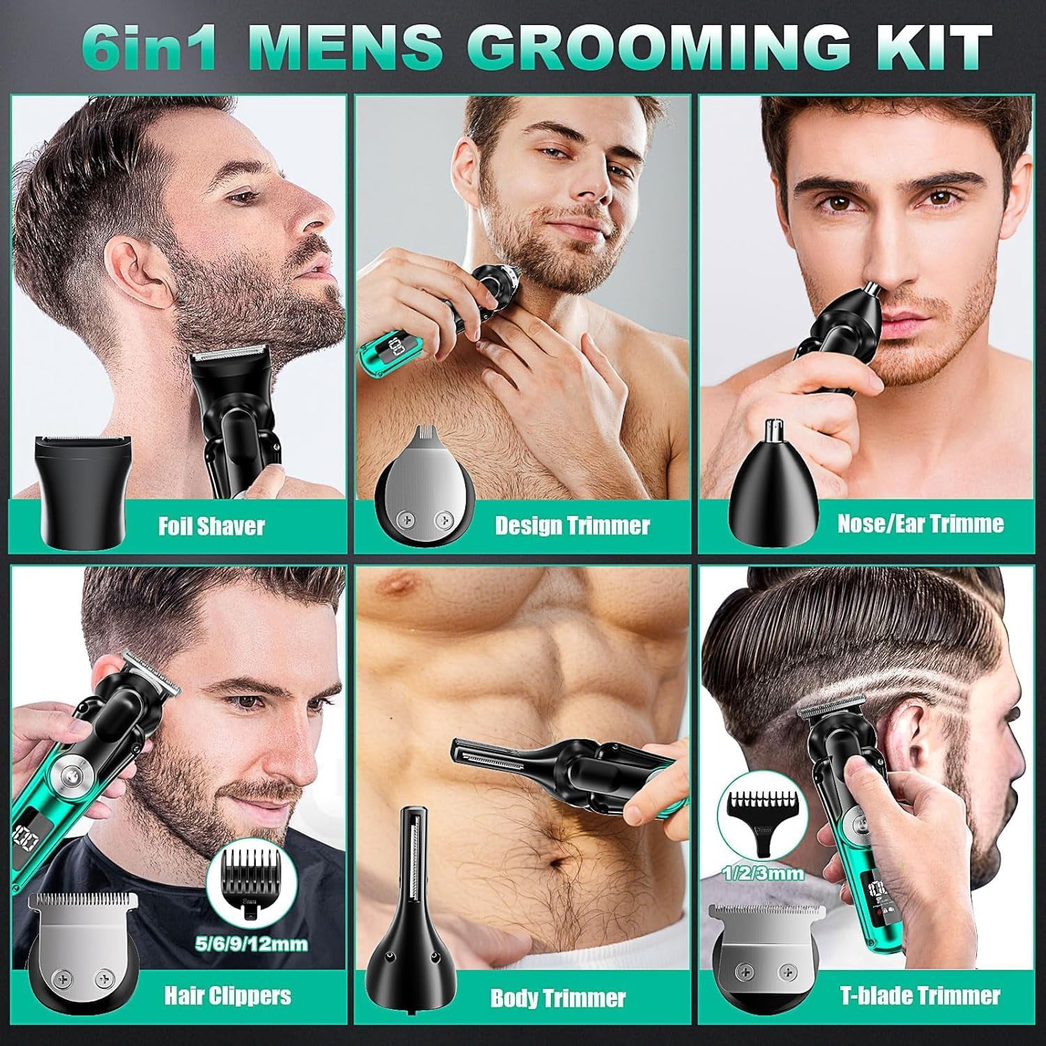 BILLAR 6 in 1 Professional Mens Grooming Kit for Mustache,Body, 17 Piece All-in-One Mens Grooming Kit and Hair Clipper, Nose, Ear,Body and Face, Electric Razor with Type-C Recharge Dock