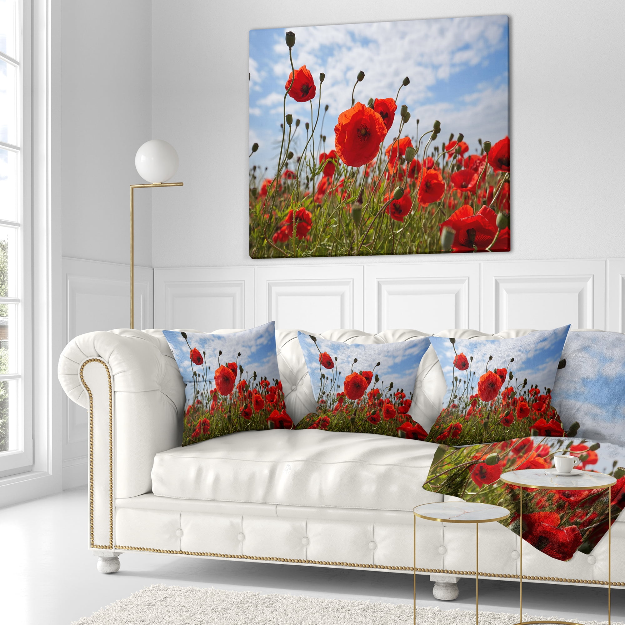 Designart Bright Red Poppy Flowers Photo - Flower Throw Pillow - 16x16
