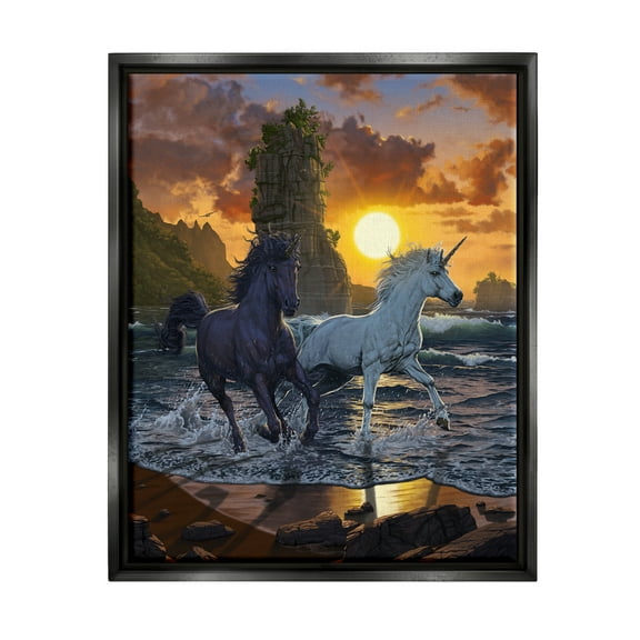 Stupell Industries Unicorns in Sunset Fairy Tales & Fantasy Painting Black Floater Framed Canvas Art Print Wall Art, 17 x 21