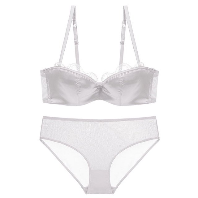 Conjunto de sujetador y ropa interior de encaje sexy para mujer, de algodón fino en los laterales, con media copa y parte superior de tubo fruncida