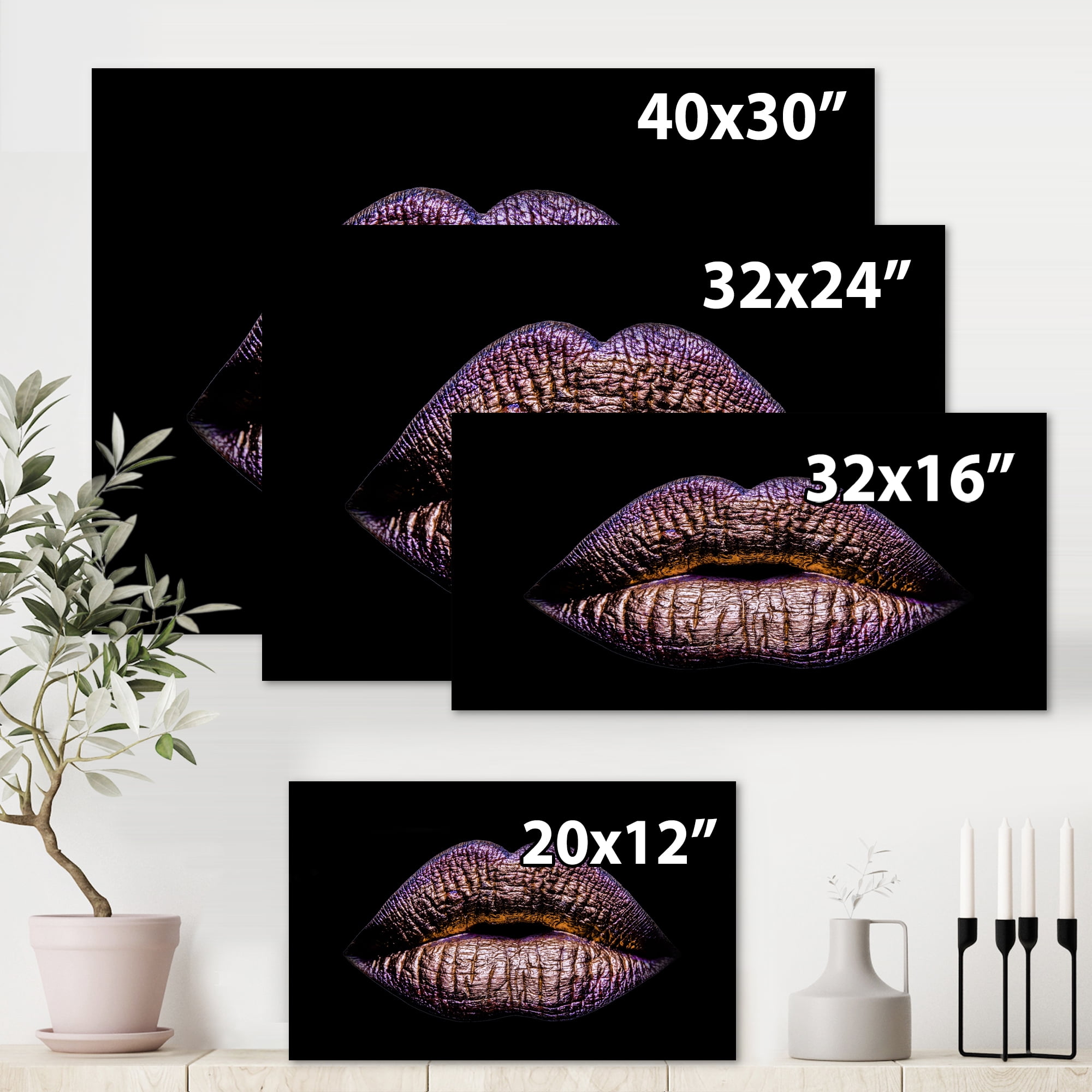 Designart ' Sexy Golden Metallized Woman Lips V ' Modern Canvas Wall Art Print