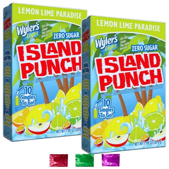 Island Punch Lemon Lime Paradise Zero Sugar Drink Mix, 10-Singles/Box 2 Pack Powdered Drink Mix Packets for Water Bottle Healthy Hydration Beverage w/ Bonus Snoep in Beperkte Oplage