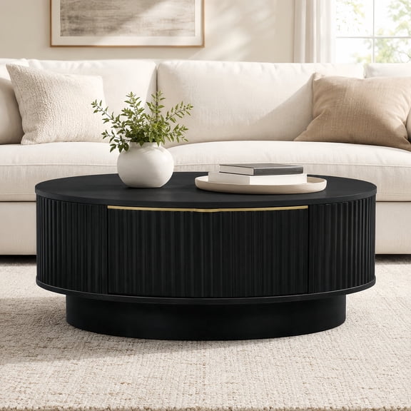 Atumcto Modern Farmhouse Round Coffee Table with Storage Drawers, Fluted Center Table with Gold Handles for Living Room, Black
