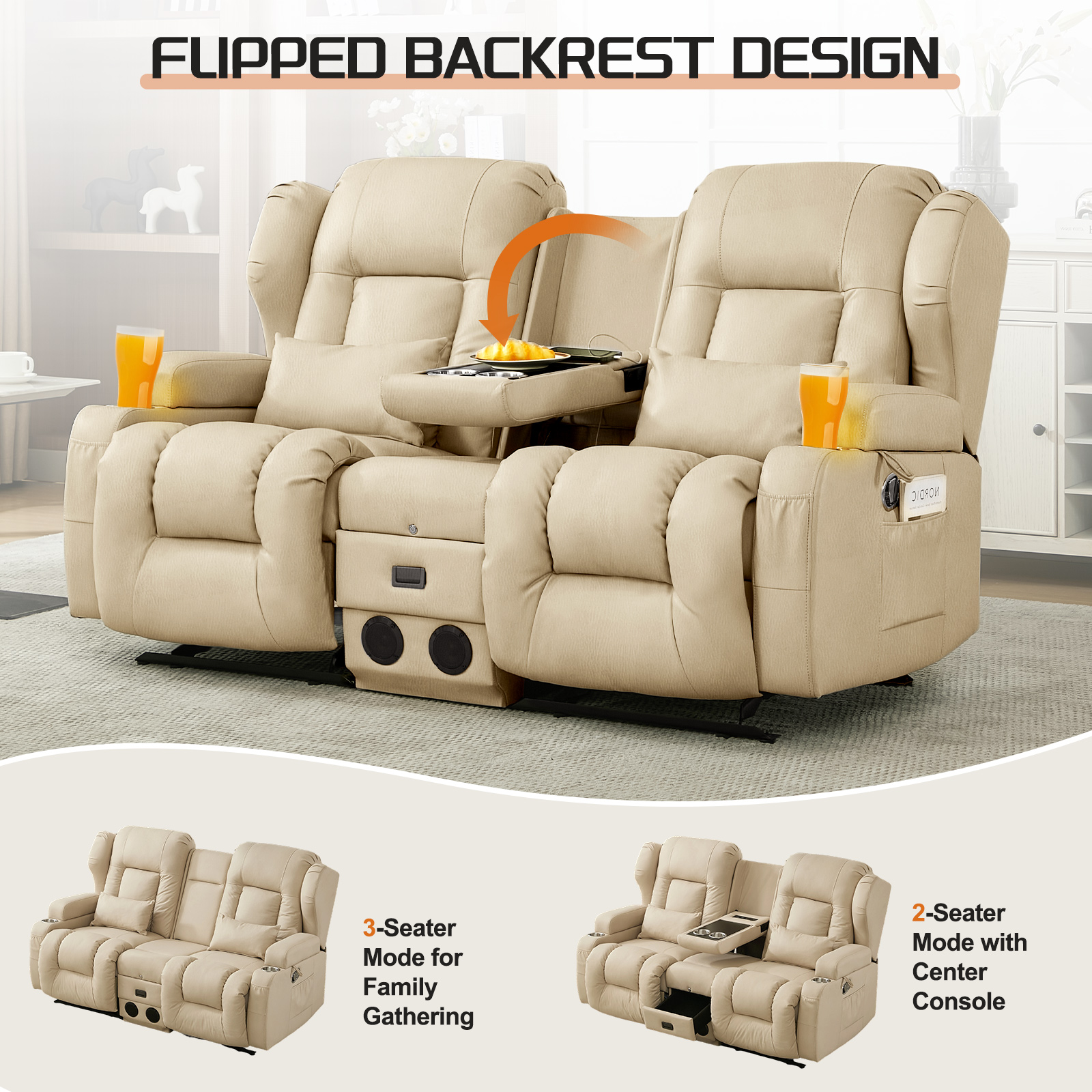 IPKIG 67.7" Manual Double Recliner Loveseat Sofa with Console, Cup Holders, Bluetooth Speakers, USB Ports & AC Outlets, Leathaire Beige