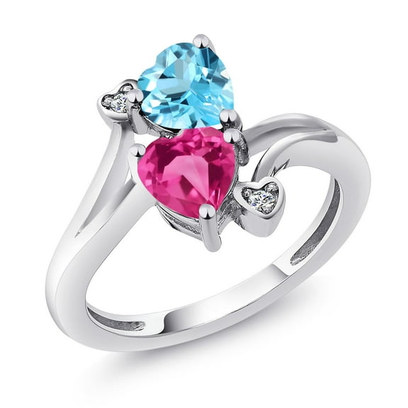 Gem Stone King 925 Sterling Silver Swiss Blue Topaz Pink Created Sapphire and White Moissanite Ring for Women (1.78 Cttw, Heart Shape 6MM, Gemstone November Birthstone, Size 8)