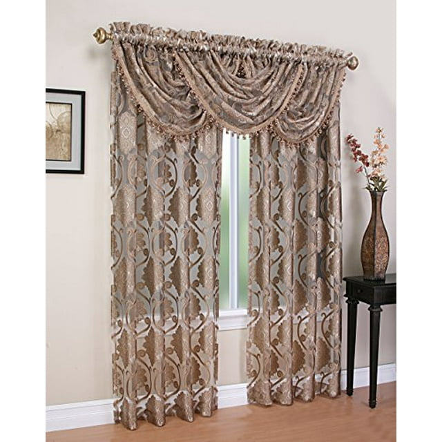 Regal Home Collections Milawi Sheer Jacquard Scroll Waterfall Valance, 57 by 37-Inch, Brown