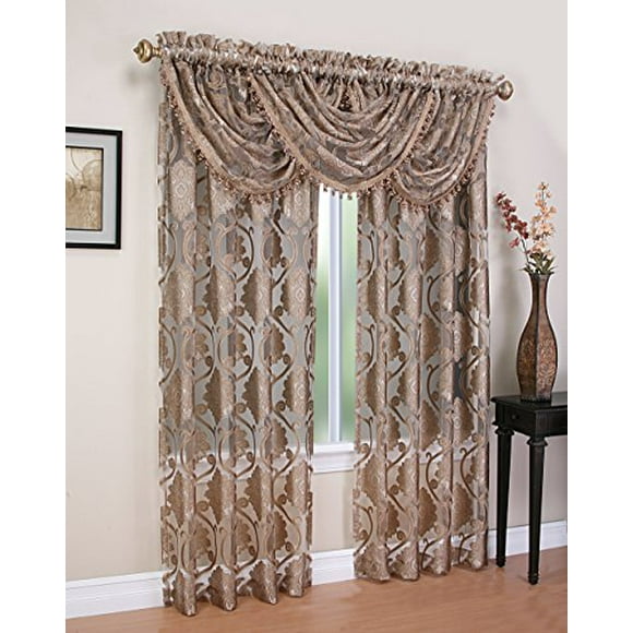 Regal Home Collections Milawi Sheer Jacquard Scroll Waterfall Valance, 57 by 37-Inch, Brown
