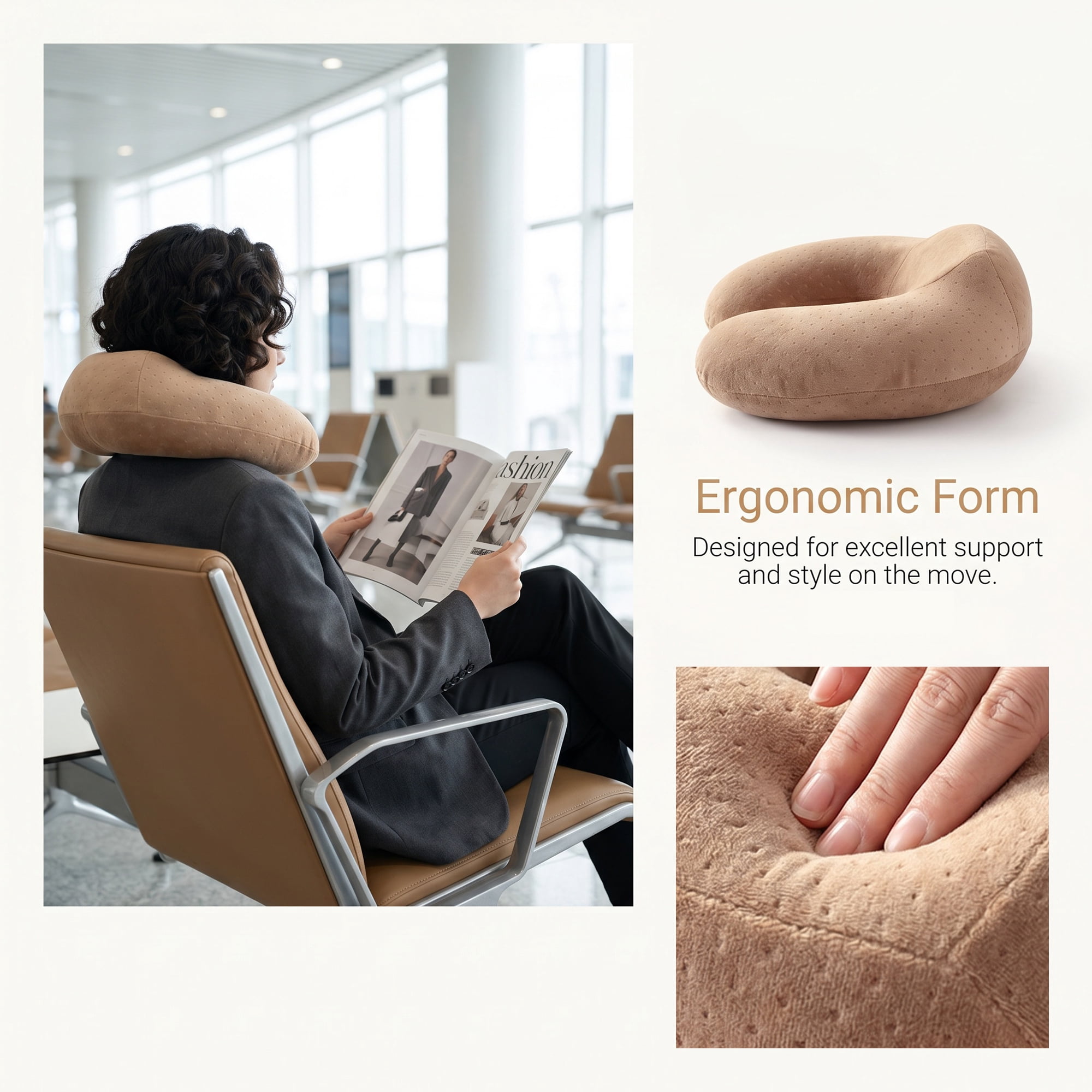 Unique Bargains Memory Foam Neck Pillow U Shape with Snap Closure Camel 12"x12"x5"