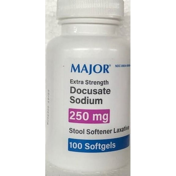 Docusate Sodium 250mg Major. Stool Softener Laxative 100 Softgels.