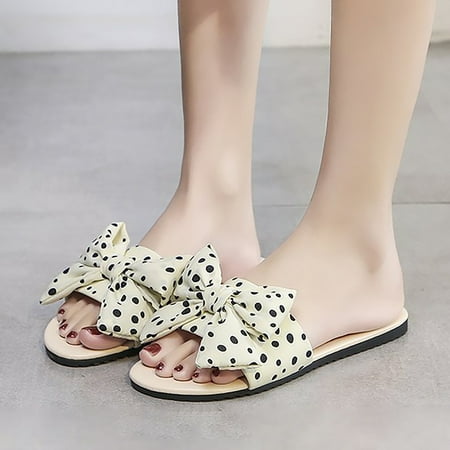

SUODUI Women s Slippers Summer Women s Flat Fashion Casual Polka Dot Bow Roman Sandals White 7