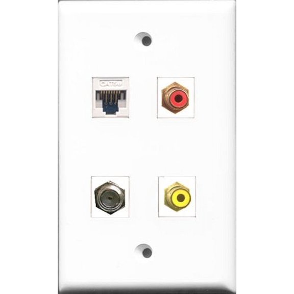 RiteAV 1 Port RCA Red and 1 Port RCA Yellow and 1 Port Coax Cable TV- F-Type and 1 Port Cat5e Ethernet White Wall Plate