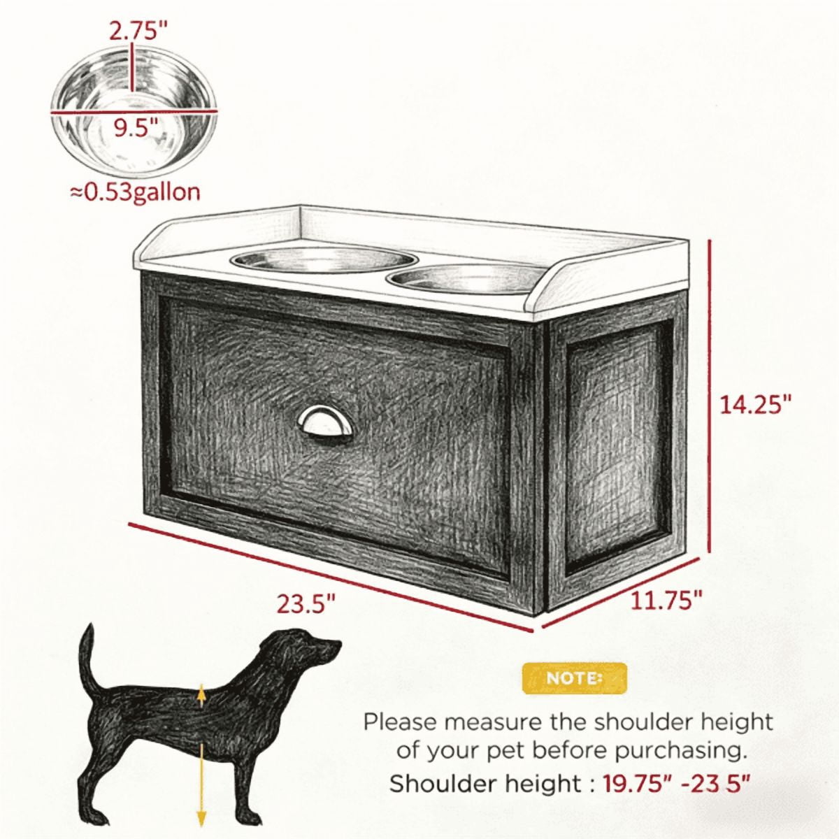 imerelez Elevated Dog Bowl Stand with Storage Drawer, 2 Removable Stainless Steel Bowls, for Large Dogs (Shoulder 19.75"-23.5"), Max Load 33 lbs, White/Black