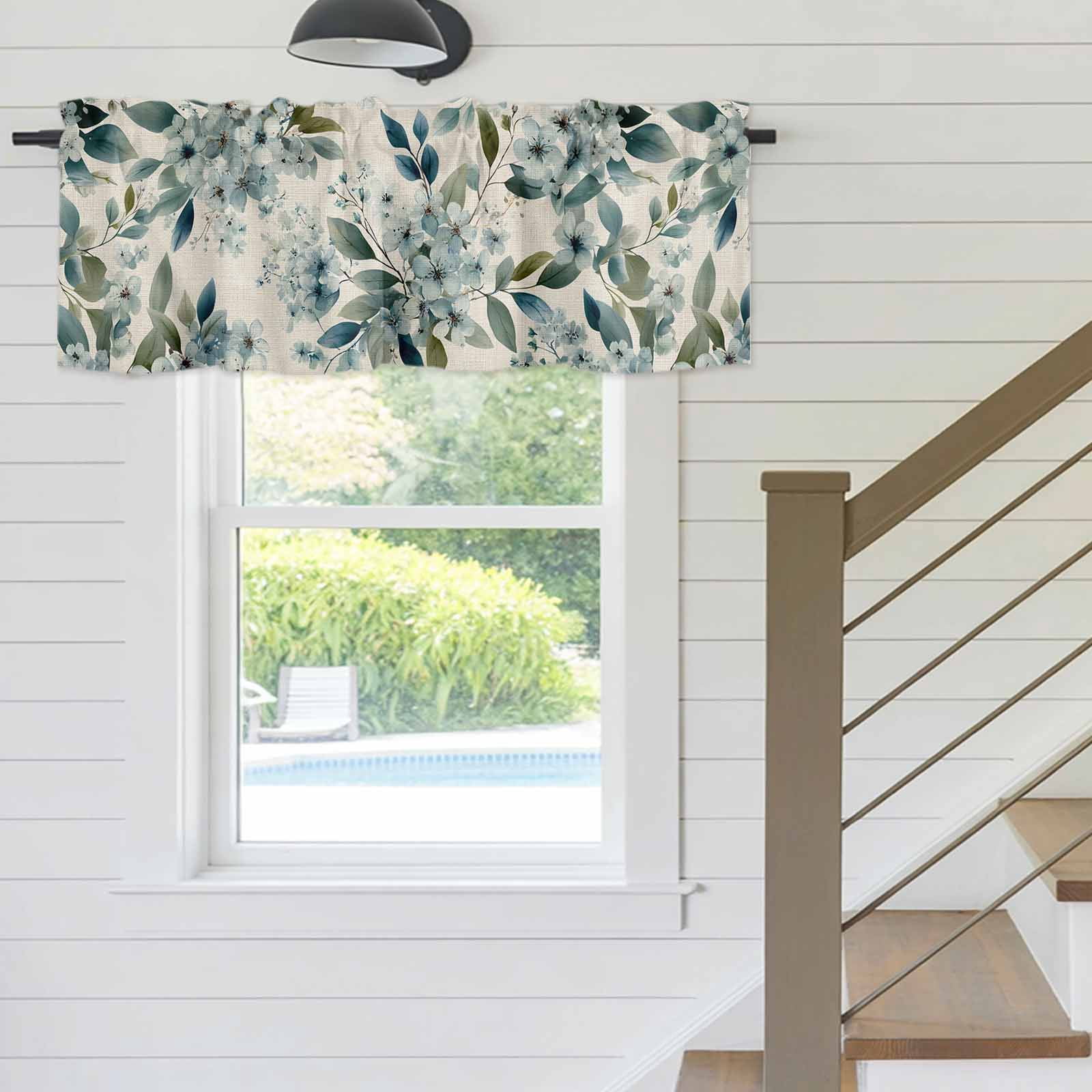 Blue Flower Window Valance for Kitchen, Watercolor Spring Blue Floral Green Leaf Botanical Linen Texture Rod Pocket Short Curtain for Small Windows, Light Filtering Decorative Valance, 60 x 18 Inch