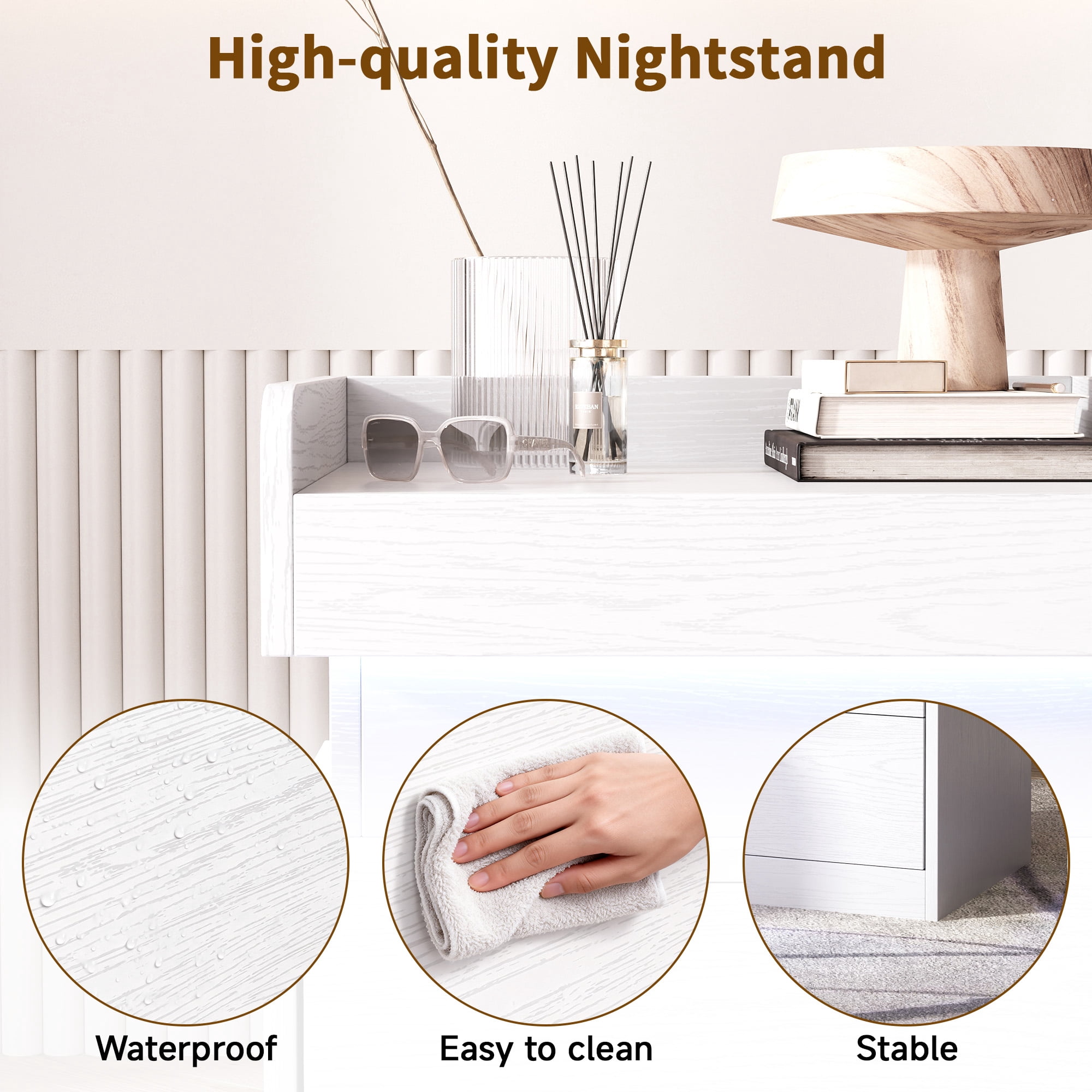 NEGYLIM Nightstand for Bedroom with 3 Drawers, Bedside Tables with Charging Station & LED Lights, Side Tables with 2 Wooden Drawers & a Sliding Top, Modern Style, for Living Room, Office, White