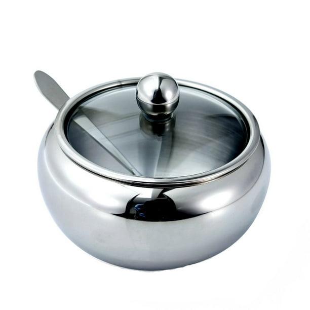 Cuenco Grande De Acero Inoxidable Con Tapa De Cristal Incluye Cuchara De Acero Inoxidable Capacidad Para 2 Tazas De 16,9 Oz Plata