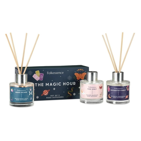Folkulture Reed Diffuser Set of 3 with Sticks for Home 5.1 fl oz - Essential Oil Diffuser with Reed Sticks Organic Reed Diffuser - White Sage & Mint Balsam Cedarwood Orange Blossom (Magic Hour)