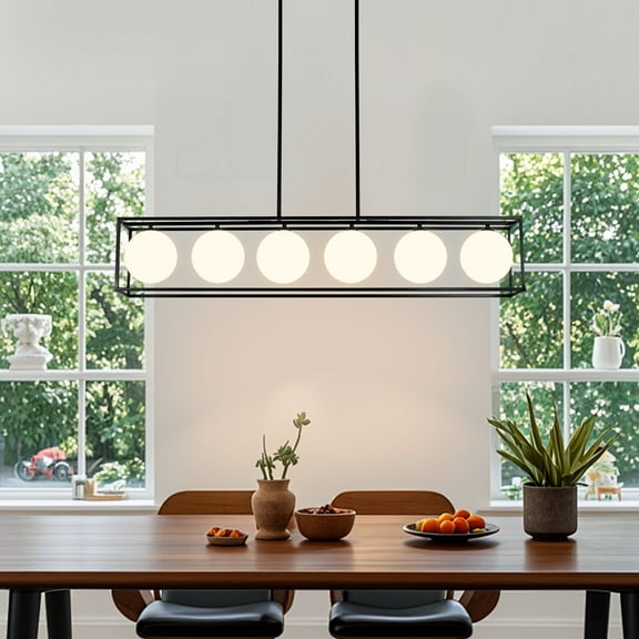 Lzawvm 6-Light Rectangular Dining Room Light Fixture Linear Chandeliers for Kitchen Island Milk White Glass Globe