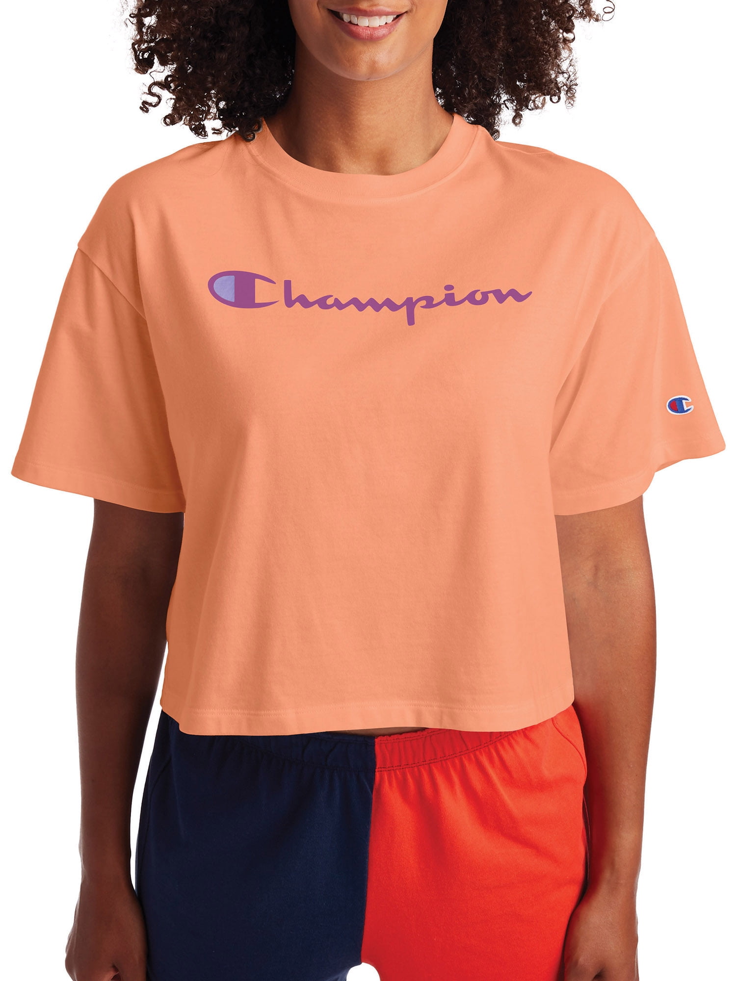 white cropped champion shirt