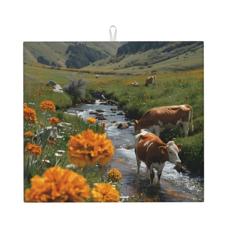 

Vsdgher Mountain Cows Flower Stream Print Dish Drying Mat Kitchen Counter Mat Dish Drying Pad for Dishes Utensils Pots and Pans 16 x 18