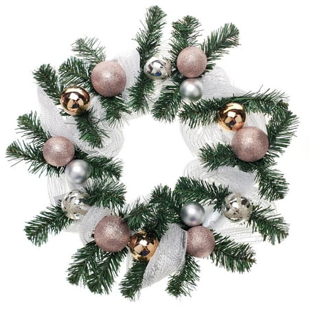 Green Deco Mesh Christmas Wreaths Decorated Mesh Ribbon & Rose Gold Spheres Christmas Wreath, Green/Silver, 21-Inch ()