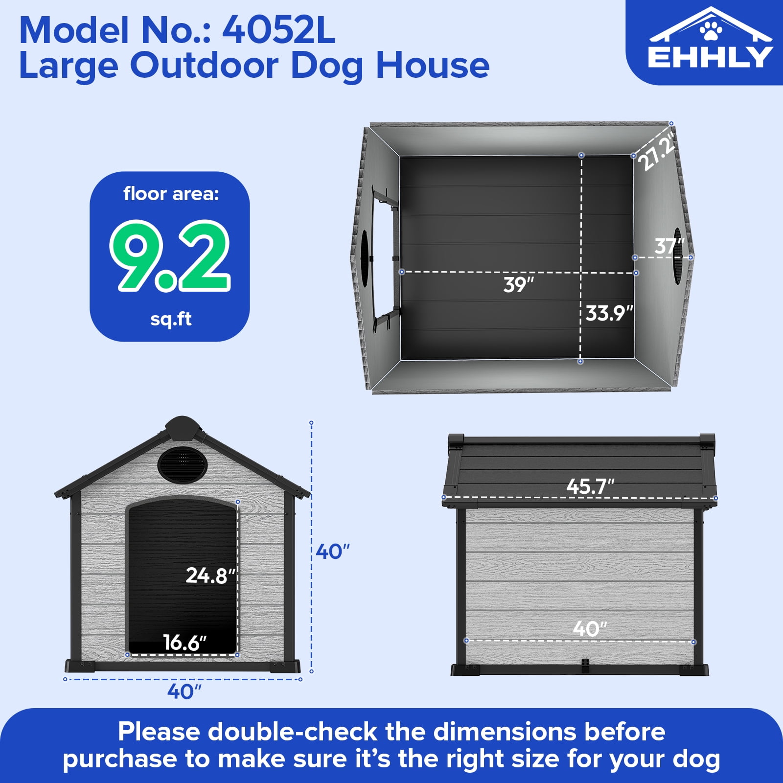 EHHLY Large Dog House Outdoor, Extra Large 46" Insulated Igloo Design with Elevated Floor, For Large Dogs with Spacious Interior, Cement Grey