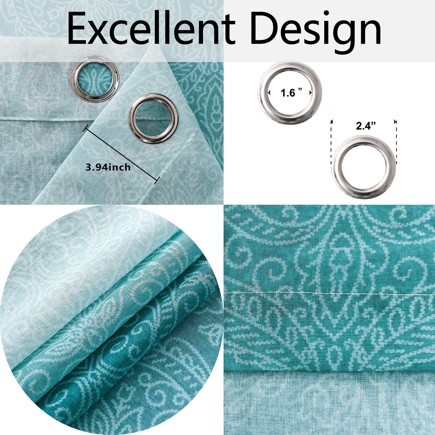 JIUZHEN Damask Ombre Semi Sheer Curtains for Living Room - Faux Linen Gradient Grommet Voile Curtains for Boys Kids Room Bedroom, 2 Window Curtain Panels, 52 x 63 inch Length, Turquoise