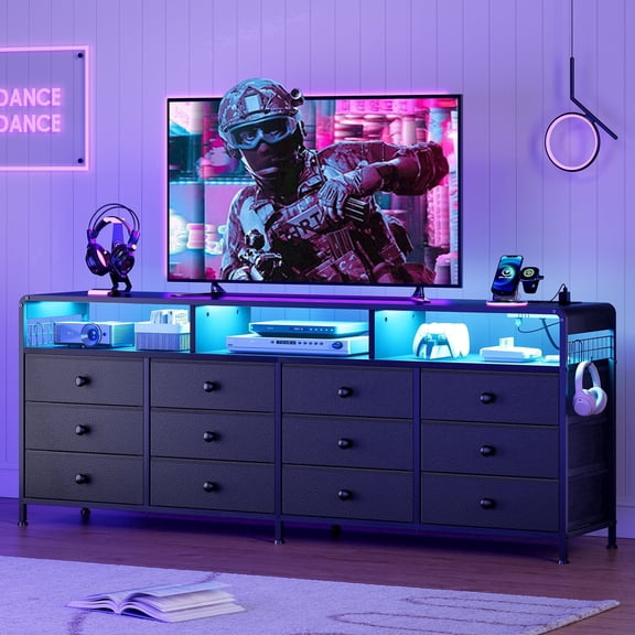 GUNAITO TV Stand for TVs up to 75", Big TV Stand with 12 Fabric Drawers and LED Lights, Entertainment Center with Storage and Shelves for Living Room, Black