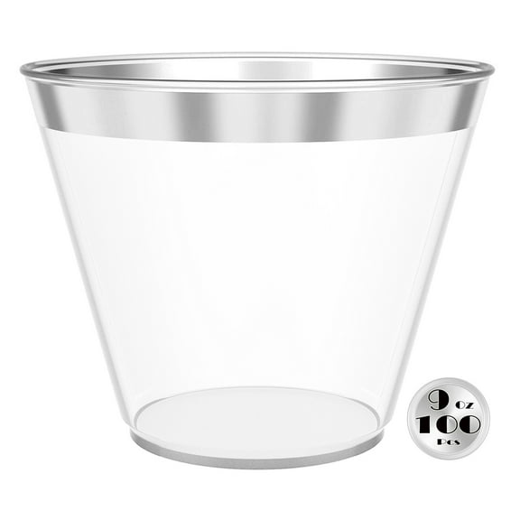 100 Silver Plastic Cups - 9 Oz Reusable and Recyclable - Elegant Silver Rim Clear Tumblers for Weddings, Anniversaries, Showers, Parties - Small Drinking Cups by JL Prime