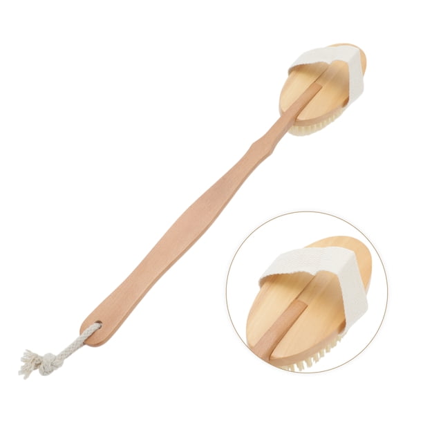 Cepillo corporal de secado de mango largo de madera con cerdas, cepillo para la espalda para ducha, cepillo para drenajes linfáticos color madera