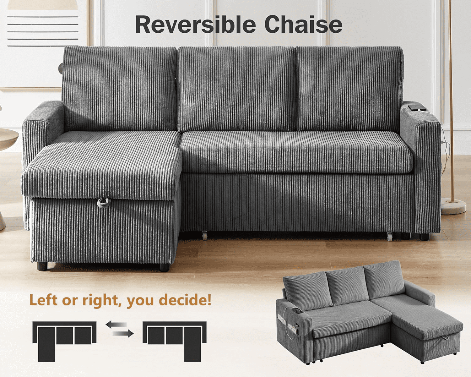 81"L-Shape Convertible Sleeper Sectional Sofa with Storage Chaise and Pull-Out Bed,Reversible Corner 3 Person Couch, for Living Room, Apartment,USB Ports