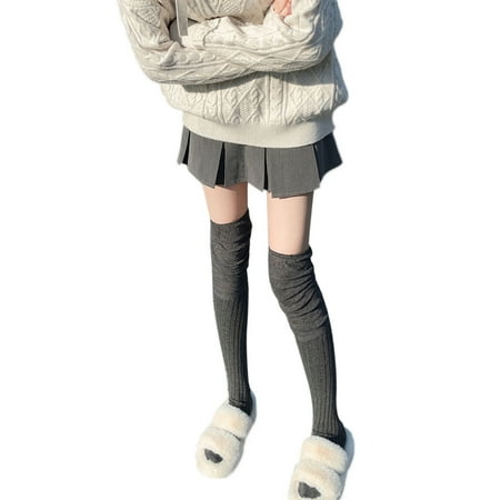 

Womens Japanese Student Solid Color Thigh High Socks Vintage Pleated Slouch Top Ribbed Knit Over Knee Long Stockings
